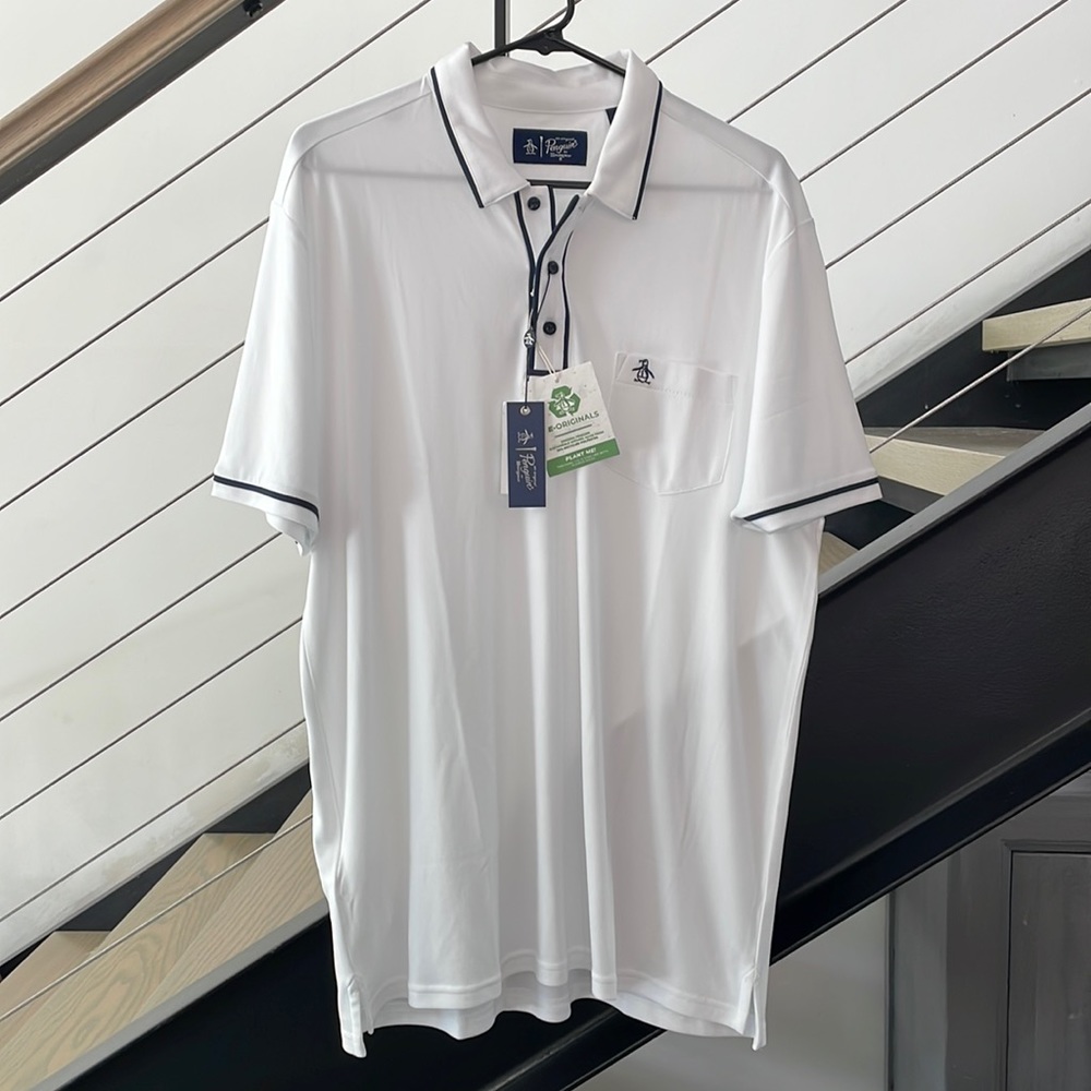 Penguin Men’s Golf Shirt. White with Navy piping. Size L. ***New With Tags***